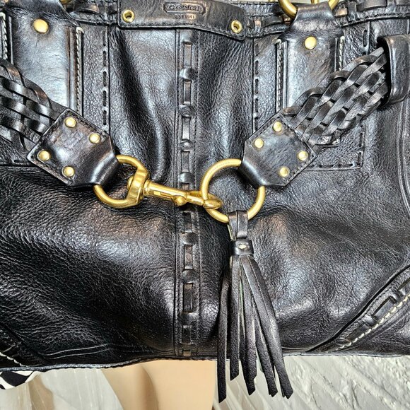 Coach Hamptons Leather Shoulder Bag Black Braided Strap Tassel Vintage - Picture 2 of 16